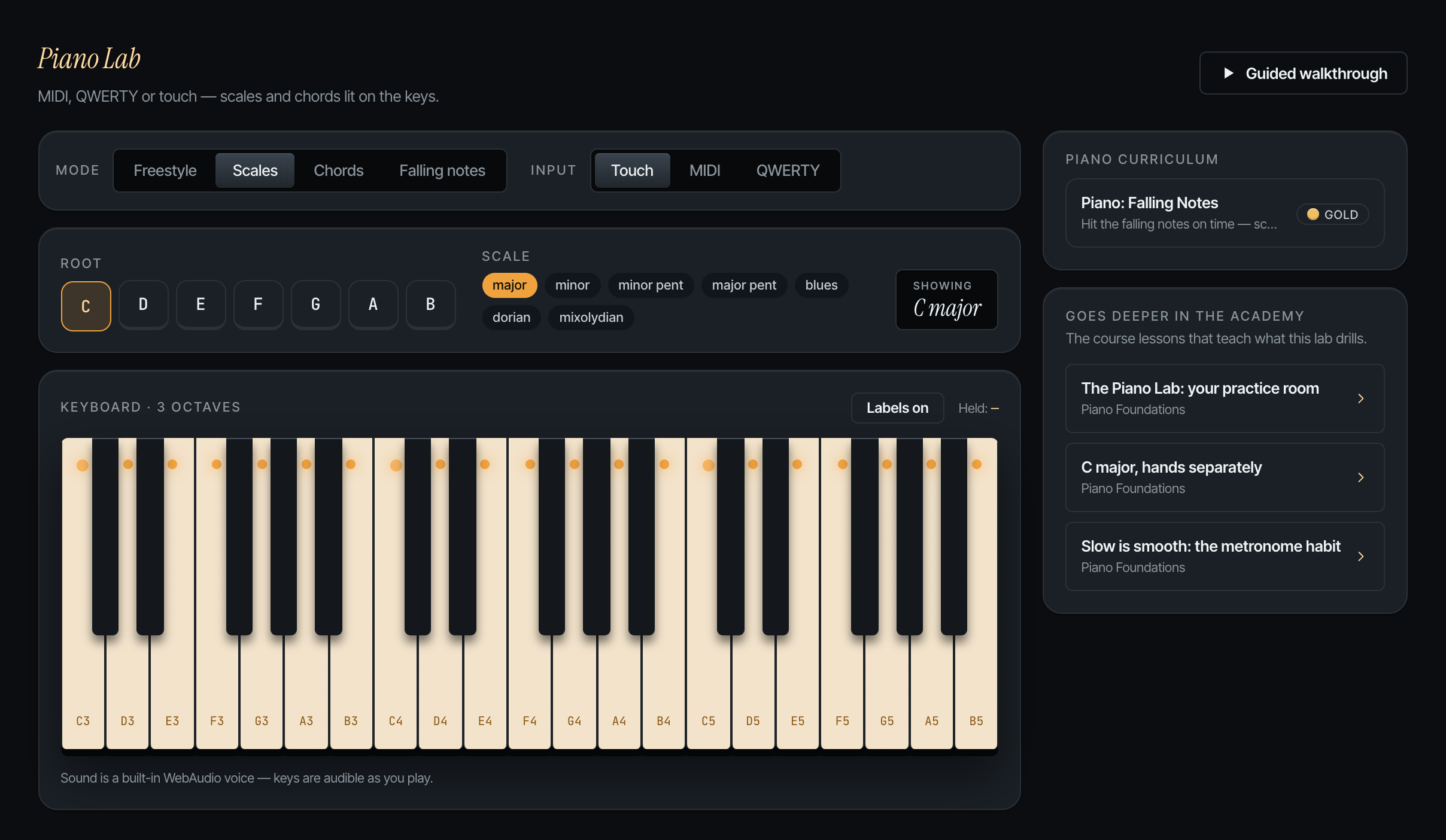 The Soundflow Piano Lab: a three-octave keyboard with the C major scale lit on the keys, mode and scale pickers, and the academy lessons that teach what the lab drills.