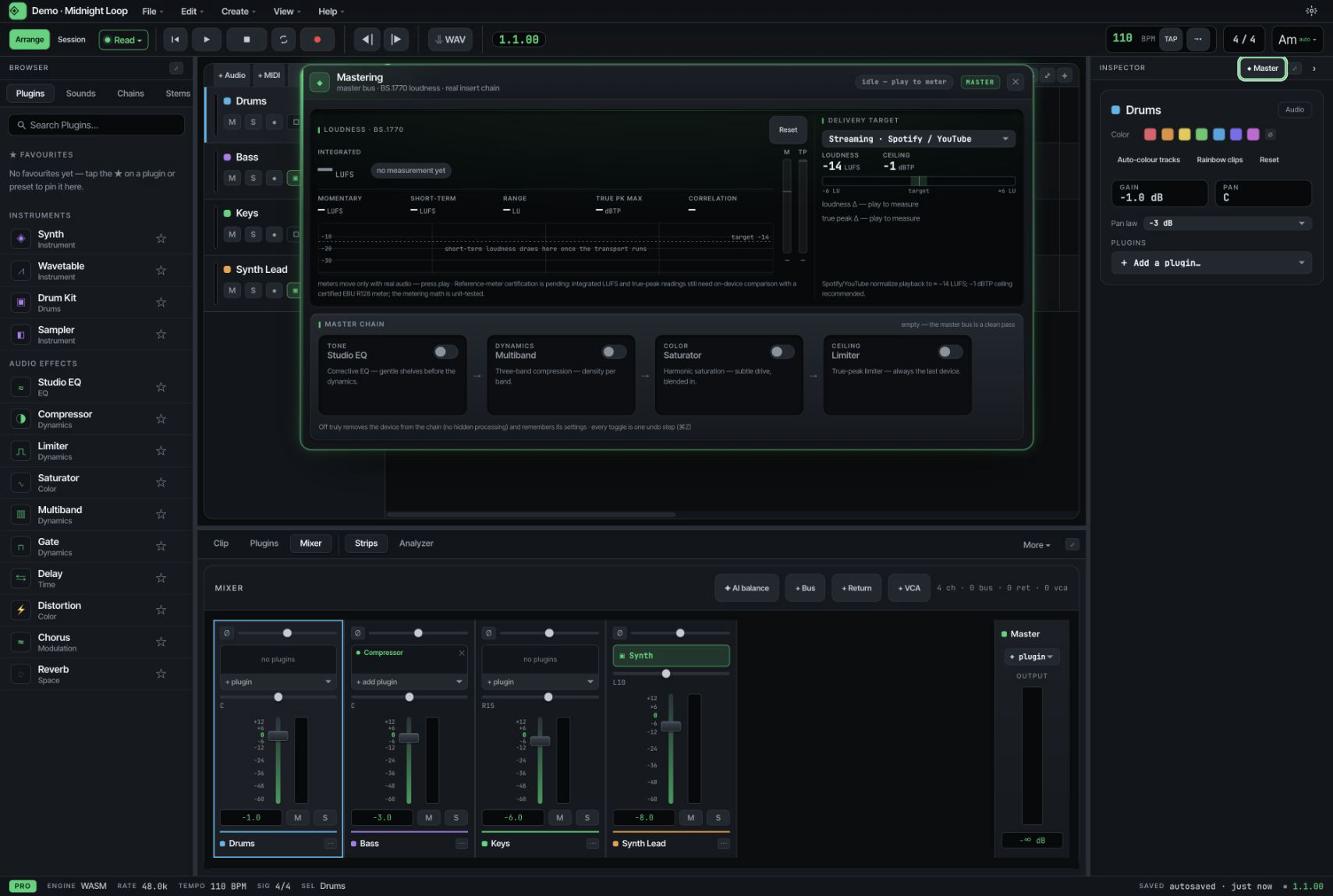 The Soundflow Mastering suite open over the real master bus, ready to meter loudness, true-peak estimate and stereo correlation against a streaming delivery target, with an optional Studio EQ, multiband compressor, saturator and limiter chain.